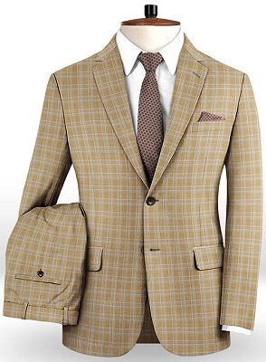 Khaki Checker Two Pieces Men Suits | Bespoke Slim Fit Tuxedo Online