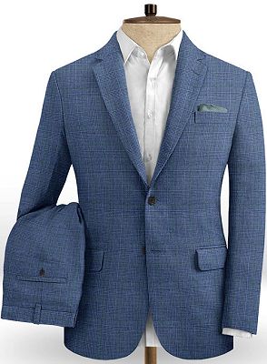 Navy Blue Grid Linen Tuxedo | Summer Business Men Suits