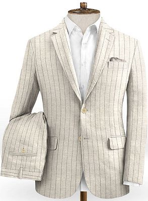 Light Champagne Two Pieces Striped Tuxedo | Linen Summer Beach Groom Suits