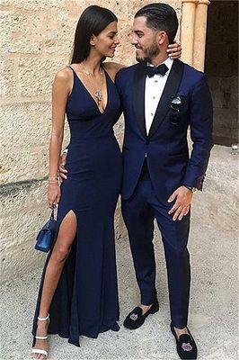 Dark Blue One Button Two-Piece Prom Men Suits with Black Lapel_1