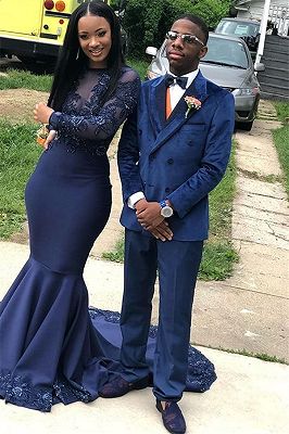 Navy Blue Velvet Men Suit | Peaked Lapel Double Breasted Prom Suit