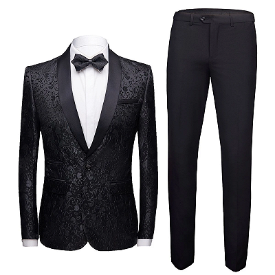 Black Jacquard Shawl Lapel Men Suits | Unique Slim Fit Two-Pieces Wedding Groom Tuexdos_3