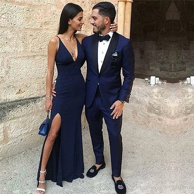 Dark Blue One Button Two-Piece Prom Men Suits with Black Lapel_2