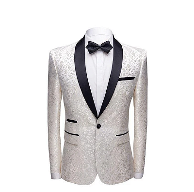 White Jacquard One Button Wedding Tuexdos | Black Shawl Lapel Men Suits (Jacket Pants)_2