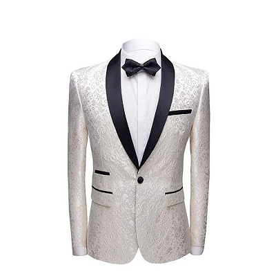 White Jacquard One Button Wedding Tuexdos | Black Shawl Lapel Men Suits (Jacket Pants)