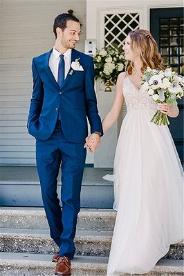 Royal Blue Notched Lapel Wedding Groom Men Suit_1