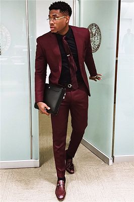 Handsome Burgundy Mens Suits Business Suits | Slim Fit One Button Prom Outfits (Blazer Pants)