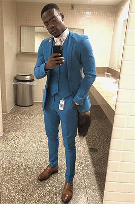 Ocean Blue Three-Piece Slim Fit Notch Lapel Men's Suit for Prom_1