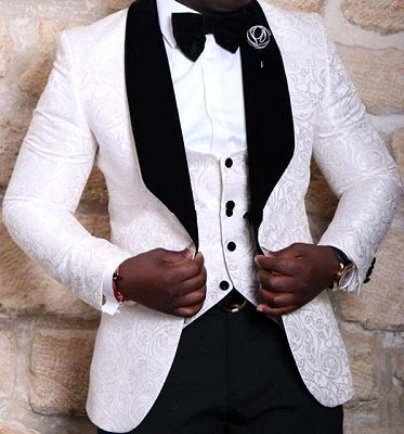 Handsome White Wedding Groom Tuxedos Online| Jacquard Three Pieces Men Suit