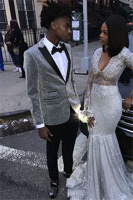 Glitter Silver Sequins Men Suits | Peaked Lapel Two Piece Prom Outfits