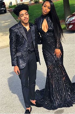 Black Sequins Men Suit Online | Unique Peak Lapel Two Piece Prom Outfits_1