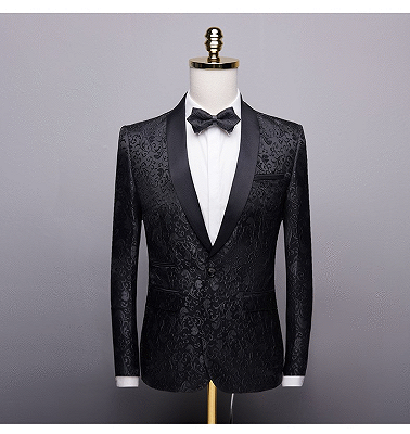 Black Jacquard Shawl Lapel Men Suits | Unique Slim Fit Two-Pieces Wedding Groom Tuexdos_5