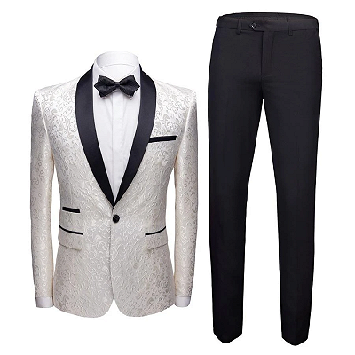 White Jacquard One Button Wedding Tuexdos | Black Shawl Lapel Men Suits (Jacket Pants)_3