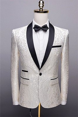 White Jacquard One Button Wedding Tuexdos | Black Shawl Lapel Men Suits (Jacket Pants)_1