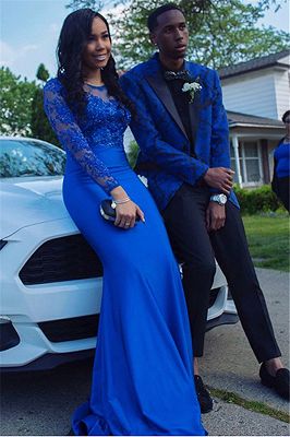 Royal Blue Jacquard Fashion Boy Prom Suits with Black Lapel_1