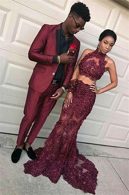 Handsome Burgundy Slim Fit Prom Party Suits for Men_1