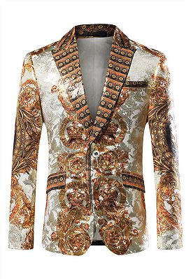 Silver Peaked Lapel Slim Fit Mens Blazer Jacket with Gold Pattern