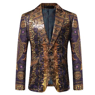 Stylish Peaked Lapel Gold Pattern Blazer Jacket