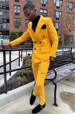 Yellow Double Breasted Slim Fit Peaked Lapel Mens Suits_1