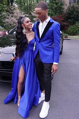 Royal Blue Jacquard One Button Peaked Lapel Prom Mens Suits