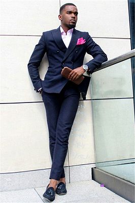Dark Blue Double Breasted Peaked Lapel Slim Fit Formal Mens Suit_1