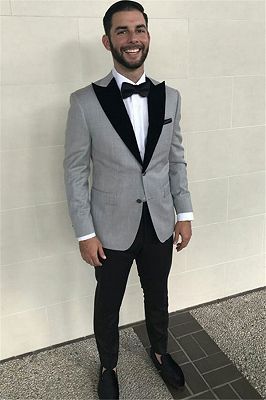 Formal Grey Slim Fit Business Mens Suits with Black Peaked Lapel