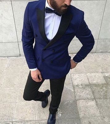 Navy Blue Peaked Lapel Double Breasted Mens Suit Online_2
