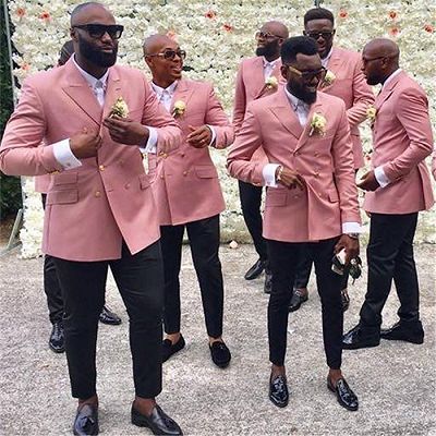 Stylish Pink Double Beasted Peaked Lapel Groomsmen Suits for Wedding