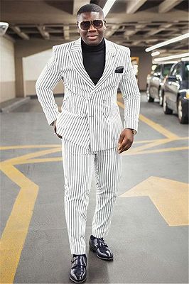 Stylish White Striped Peaked Lapel Formal Business Mens Suit