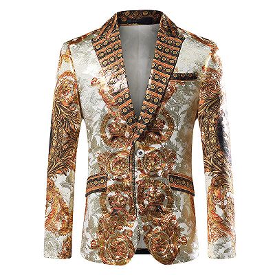 Silver Peaked Lapel Slim Fit Mens Blazer Jacket with Gold Pattern