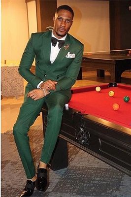 Dark Green Double Breasted Peaked Lapel Two Piece Mens Suit_1