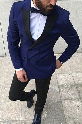 Navy Blue Peaked Lapel Double Breasted Mens Suit Online_1