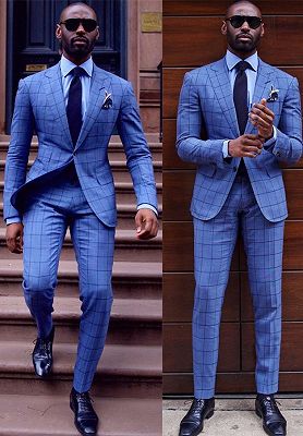 Fashion Blue Plaid Peaked Lapel Two-Piece Formal Business Mens Suit