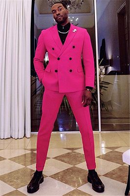 Stylish Fuchsia Two Breasted Peaked Lapel Prom Men's Suit For Sale_1