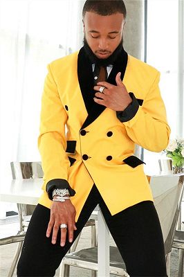 Stylish Yellow Double Breasted Slim Fit Mens Suits with Black Shawl_2