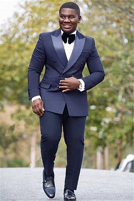 Bespoke Navy Blue Double Breasted Peaked Silk Lapel Mens Suit Online