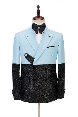 Stylish Sky Blue Stitching Sparkle Black Peak Lapel 2 Piece Men's Suit Online