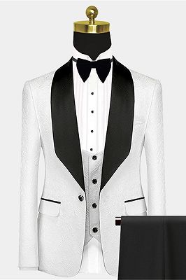 Popular Black Satin Lapel Jacquard White Wedding Suit Tuxedos - Ivan