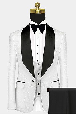 Popular Black Satin Lapel Jacquard White Wedding Suit Tuxedos - Ivan_1
