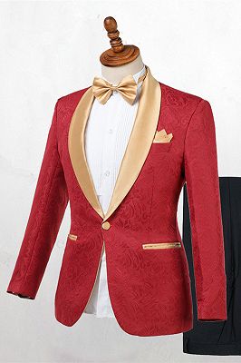 Cooper Red Jacquard One Button Wedding Men Suits with Gold Lapel_1