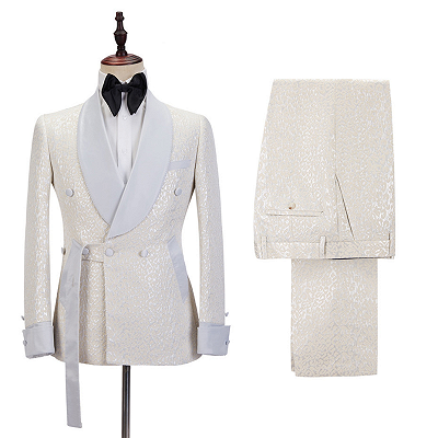 Patrick Off White Shawl Lapel Slim Fit Jacquard Bespoke Wedding Suits_4