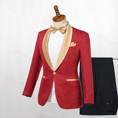 Cooper Red Jacquard One Button Wedding Men Suits with Gold Lapel