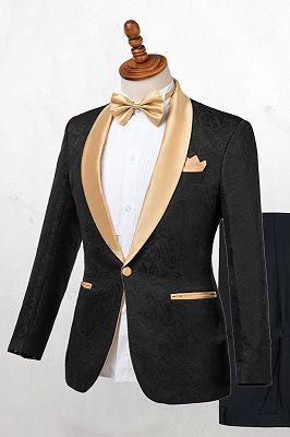 Josiah Handsome Black One Button Wedding Men Suits with Gold Lapel_1