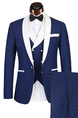 3 Piece Classic White Lapel Edge Banding Formal Blue Men's Suit For Wedding_1
