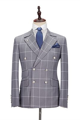 Silver Gray Plaid Peak Lapel Double Breasted Men's Formal Suit for Business