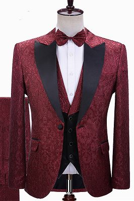 Parker Burgundy Jacquard Peaked Lapel Three-Pieces Wedding Men Suits