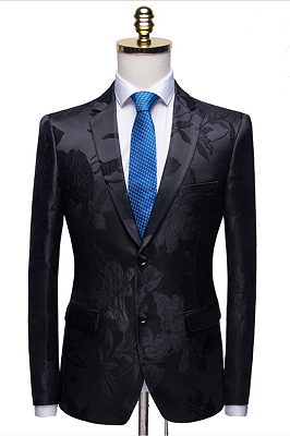 Stylish Notched Lapel Two Buttons Men's Suits | Floral Jacquard Black Wedding Tuxedos_1