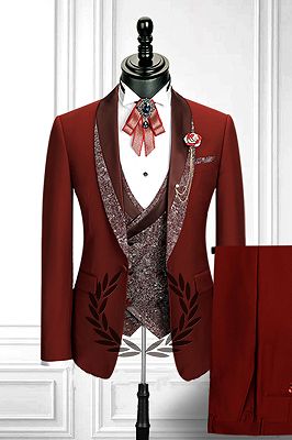 Red 3 Piece Stitching Lapel Stylish Double Breasted Waistcoat Men's Formal Suit_1