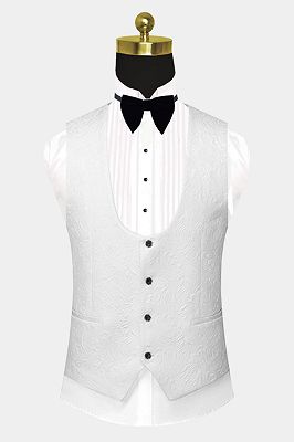 Popular Black Satin Lapel Jacquard White Wedding Suit Tuxedos - Ivan