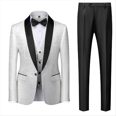 Gentle Black and White Men's Wedding Tuxedos | Satin Shawl Lapel Jacquard Prom Suits